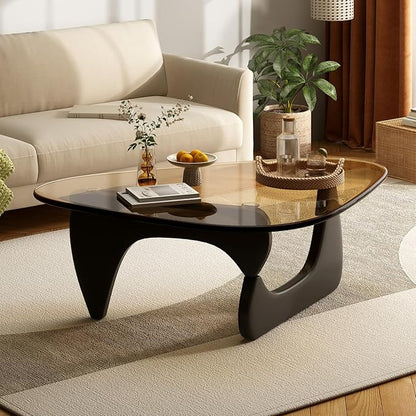 Glass Coffee Table for Living Room Mid Century Modern Triangle Center Table with Wooden Base, Brown/Black