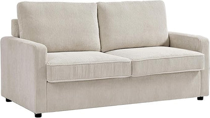 Reversible Sleeper Sofa Bed with Comfortable Memory Foam Mattress, Convertible Corduroy Full Size Pull Out Couch for Living Room, Space Saving Furniture, 70" Wide, Rectangular Arms, Ivory