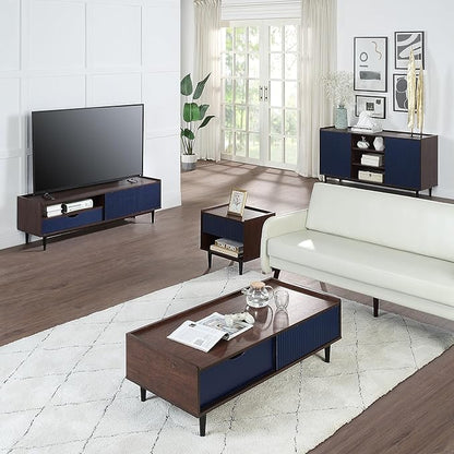 Manhattan Comfort Duane Mid Century Modern Ribbed Nightstand and Coffee Table with Storage, Living Room Furniture with Cabinet, Shelves and Iron Metal Feet, Set of 2, Navy Blue