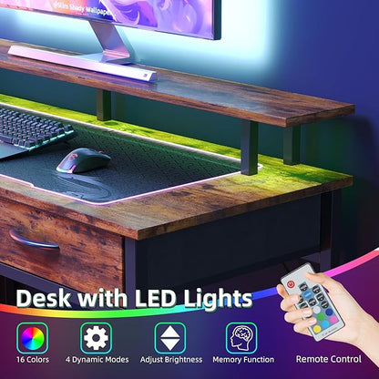 Computer Desk with 5 Drawers, Gaming Desk with LED Lights Power Outlets and Type-C, 39 Inch Office Desk with Storage, Monitor Stand, Writing Desk Work Table for Home Office, Small Spaces, Rustic Brown