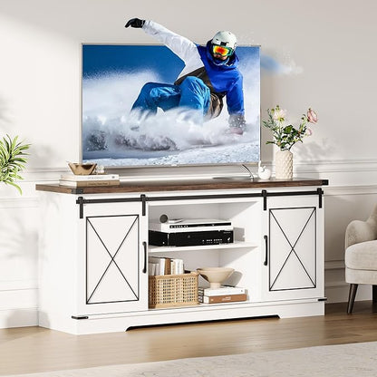 IDEALHOUSE Farmhouse TV Stand and Entertainment Center for Tv up to 65 inches with Sliding Barn Doors, Tv Media Console Table with Storage Cabinet for Living Room, White & Brown