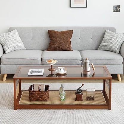 Welnow Rattan Coffee Table for Living Room, Modern 2-Tier Rectangle Center Table with Storage Shelf and Glass Top, Mid-Century Boho Furniture for Apartment, 47.5" Walnut