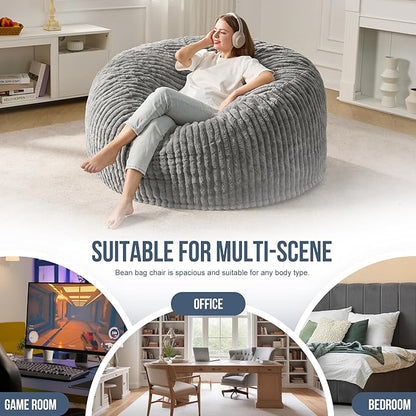 Hobestluk 5ft Bean Bag Chairs for Adults Large Beanbag Chair with Stripe Plush Cover Big Bean Bag Chair for Living Room Bedroom Dorm Office -Grey (50” x 50” x 24”)