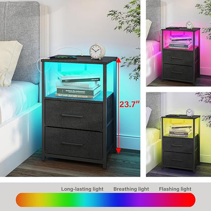 TUTOTAK LED End Table with Charging Station, Night Stand, Side Table with 2 USB Ports and Outlets, Nightstand with Cloth Drawer, Bedside Table for Livingroom, Bedroom Black TB01BK088L