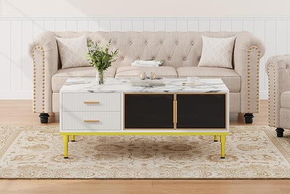 GAOMON Coffee Table for Living Room, Faux Marble Coffee Table with 4 Drawers and Glass Doors Storage, Modern Aesthetic Fluted Panel Design, White & Gold