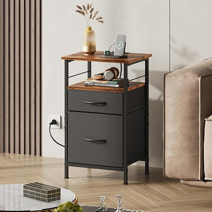 WLIVE Nightstand with Charging Station, Night Stand with 2 Fabric Drawers, Bedside Table, Small Dresser for Bedroom, Side Table with USB Ports and Outlets, Black and Rustic Brown
