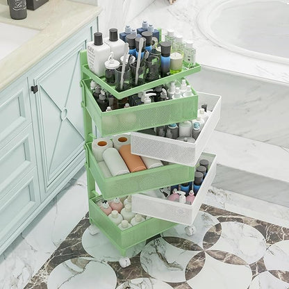 Rotating Kitchen Storage Rack No Assembly, Fruit Basket,Bathroom Storage Cart,Kitchen Organizers and Storage Cart on Rolling Wheels(Green White, 5 Tier-Square)