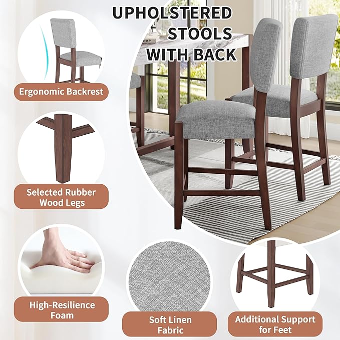 Ball & Cast 5-Piece Dining Table Set for 4,Kitchen Table Set W/Faux Marble Bar Table,Counter Height Living Room Furniture W/ 4 Upholstered Chairs,for Dining Room,Pub Kitchen,Small Place,Gray+White