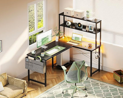 Casaottima Gaming Desk with Power Outlets & LED Lights, 43 Inch Reversible L Shaped Computer Desk with Shelves & Storage Bag, Corner Desk for Home Office, Black