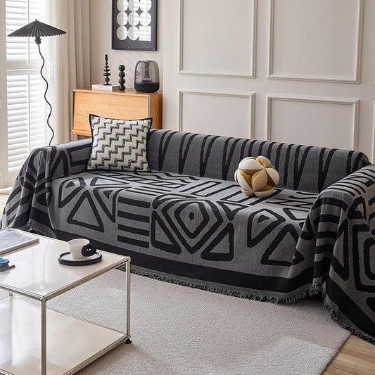 HANDONTIME Boho Geometric Couch Covers for Sofa Pet Friendly Dark Grey and Black Sofa Covers Washable Chenille Couch Blanket Cover for 3 Cushion Couches Pet Protector Furniture Cover Soft, 71" X 150"