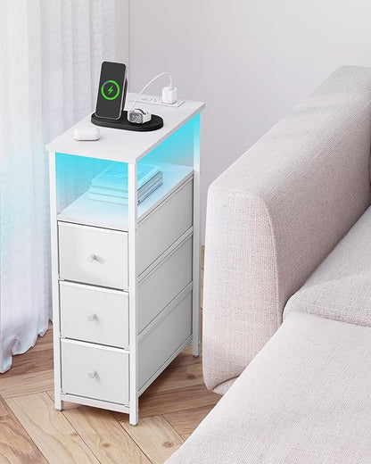 TUTOTAK Narrow LED Night Stand with Charging Station, Slim End Table with Plugins, Tall Side Table with 3 Fabric Drawer, Small Bedside Table with Storage, Set of 2, for Living Room, White TB01BW073L