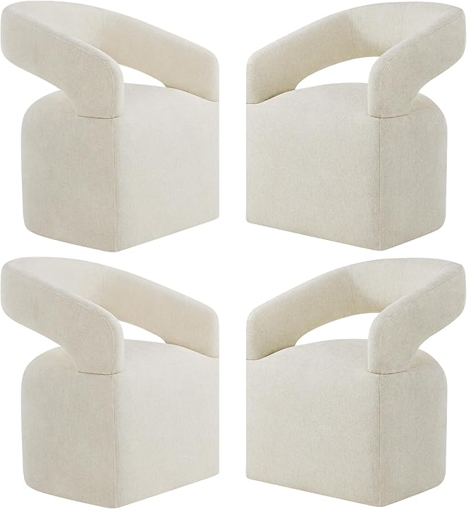 Upholstered Dining Chairs with Removable Casters Barrel Side Armchair with Rollers for Diningroom Bedroom Livingroom Reading Room, Cream Beige, 4PCS