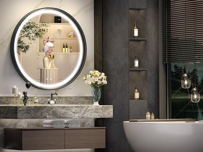 Hasipu 32 Round LED Mirror for Bathroom with Lights, Black Circle Vanity Mirror for Wall, Metal Framed Frontlit Bathroom Mirrors Anti-Fog, Dimmable, 3 Colors Makeup Mirror Wall Mounted