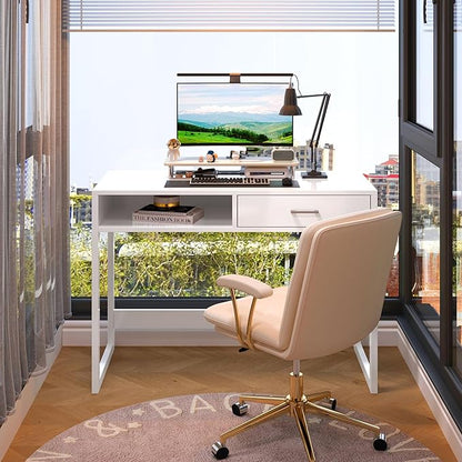 4NM 43.3" Computer Desk with Drawer, Morden White Home Office Desk, Study Writing Table with Storage for Small Spaces,Vanity Desk Makeup Table for Bedroom- White