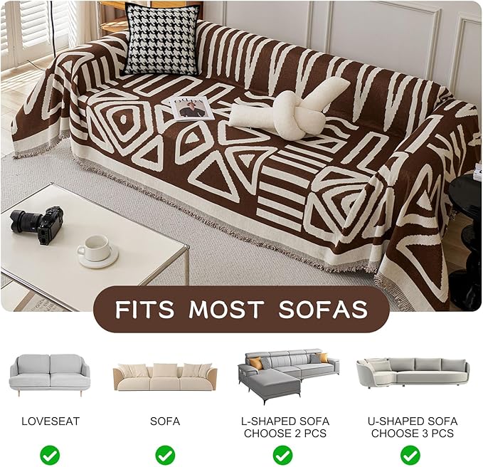 STACYPIK Boho Sofa Cover for Pet, Chocolate Geometric Couch Cover for Sectional, Washable L Shape Cover, Dog Couch Protector for 3 Cushion Couch, Non Slip Jacquard Sofa Silpcover with Tassles-71X150IN