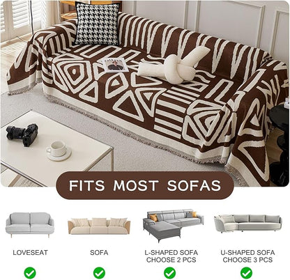 STACYPIK Boho Chenille Sofa Covers, Chocolate Geometric Couch Cover for Sectional, L Shape Couch Protector for 3 Cushion Couch, Non Slip Jacquard Sofa Protector for Loveseat with Tassles-71X118IN