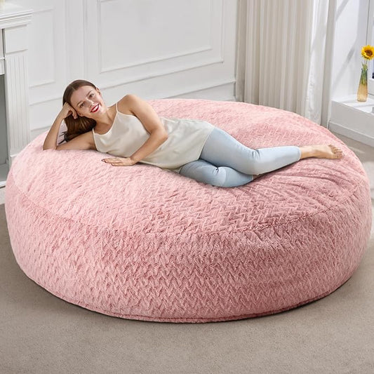 Hobestluk 6ft Bean Bag Chairs for Adults Large Beanbag Chair with Chevron Plush Fur Cover Big Bean Bag Chair for Living Room Bedroom Dorm Office - Pink (70" x 70" x 15")