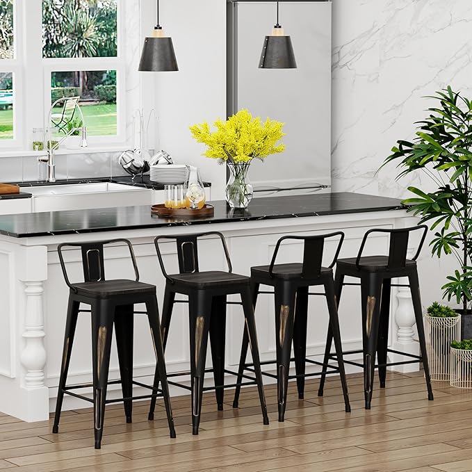 Yongchuang 26 inch Metal Bar Stools Set of 4 Counter Bar Stools Distressed Gold Black Wood Top Low Back