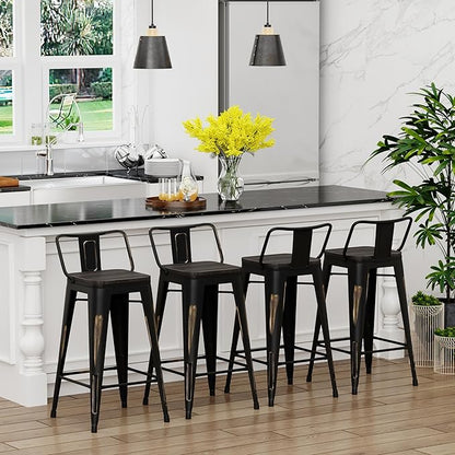 Yongchuang 26 inch Metal Bar Stools Set of 4 Counter Bar Stools Distressed Gold Black Wood Top Low Back