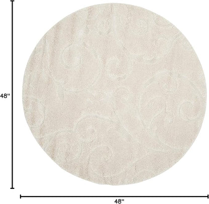 SAFAVIEH Florida Shag Collection Area Rug - 4' Round, Creme & Creme, Scroll Design, Non-Shedding & Easy Care, 1.2-inch Thick Ideal for High Traffic Areas in Living Room, Bedroom (SG455-1111)