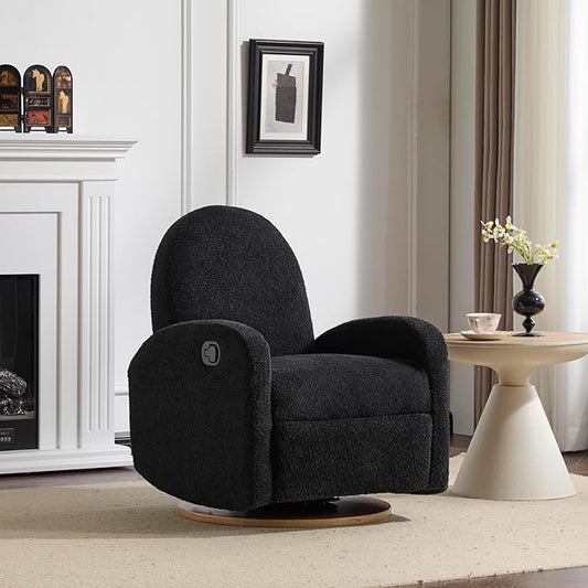 Christopher Knight Home Sidney Fabric Upholstered 360° Swivel Chair, Boucle Push-Back Recliner, Solid Wood Glider Recliner with Rotation, Living Room Lounge Sofa, Adjustable Comfy Reading Chair,Black