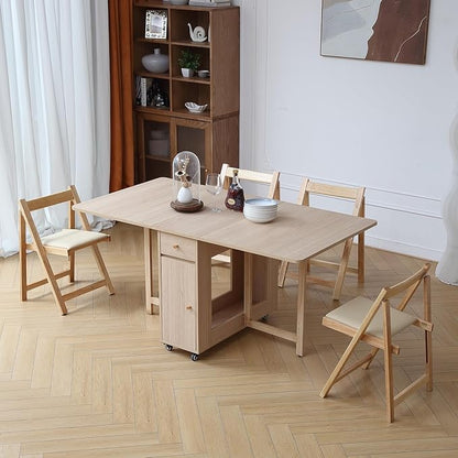 Wood Drop Leaf Folding Dining Table with 2 Drawers and 4 Wheels, Wooden Padded Chairs Set of 4, Space Saving Dining Table with 4 Chairs