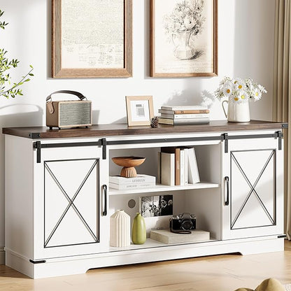 IDEALHOUSE Farmhouse TV Stand and Entertainment Center for Tv up to 65 inches with Sliding Barn Doors, Tv Media Console Table with Storage Cabinet for Living Room, White & Brown