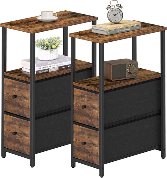 TUTOTAK Small Narrow End Table, Set of 2, Side Table, Nightstand with 2 Cloth Drawers, Couch Table, for Living Room, Bedroom, Bedside, Brown TB01BB054