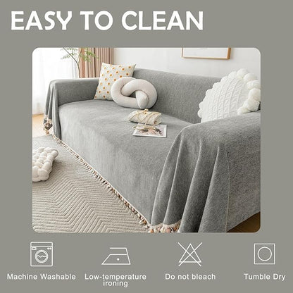 HANDONTIME Dark Grey Slipcover for Sofas - Boho Pet Couch Protector With Tassel - Chenille Herringbone Cover for 2-3 Seat Sofa - 91" X 134"