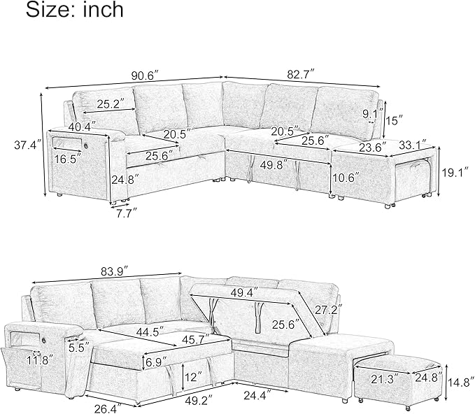 Merax L-Shaped Modular Sofa with Removable Storage Ottoman, USB Ports and Cup Holder, Upholstered Sectional Couch & Armrest, Free Combination Indoor Furniture for Living Room, Apartments, Gray