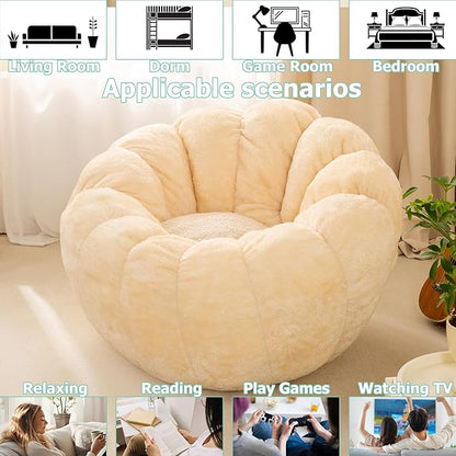 Pumpkin Bean Bag Sofa Chair for Adult, Beanbag Couch with Filler for Reading and Relaxation, Comfy and Lazy Sofa for Dorm, Apartment, Living Room and Bedroom, Ivory