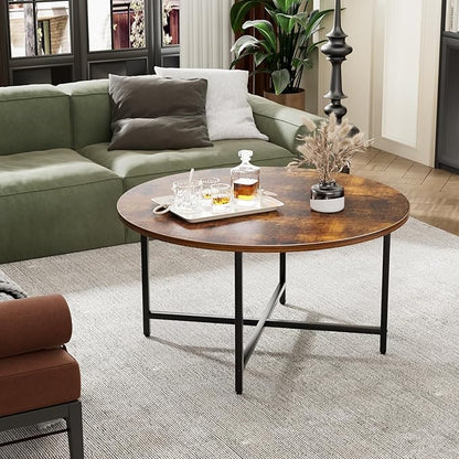 Round Coffee Table, 31.5" Circle Coffee Table，Modern Round Coffee Tables Living Room, Large Coffee Table Round for Indoor & Outdoor Use, Office, Patio or Garden, Rustic Brown (31.5" D*17.7" H)