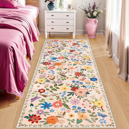 Runner Rug for Entryway: 2x10 Kitchen Rugs Non Slip Washable Ultra-Thin Soft Floral Carpet Indoor Floor Stain Resistant Carpets for Hallway Bedroom Kitchen Laundry Bathroom Dorm Beige