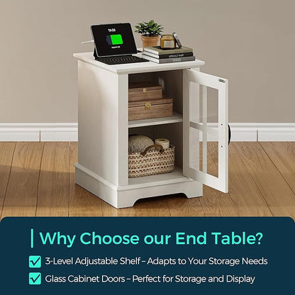 LINSY HOME End Table with Charging Station, Modern Side Table with Storage Cabinet and Adjustable Shelf, Small Sofa Table for Living Room, White