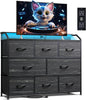 WLIVE Led Dresser for Bedroom, TV Stand for Bedroom with LED Lights and Power Outlet, Wide Chest of Drawers for Hallway, 8 Fabric Drawers for Living Room and Entryway, Charcoal Black Wood Grain Print
