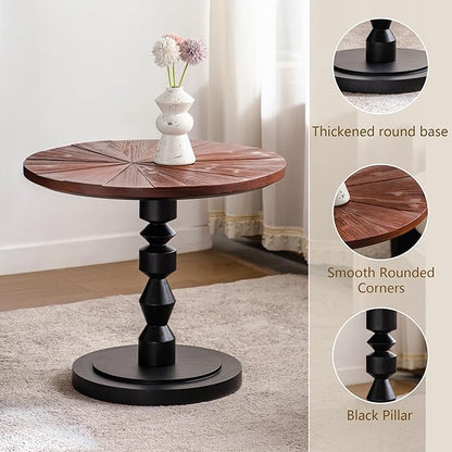 Wood Emd Table, Modern Round Side Table with Unique Top, Framhouse Accent Table for Living Room Bedroom Office (21.6 inch High)