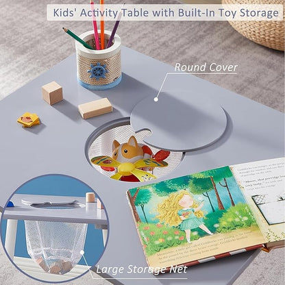 VECELO Activity Table and 2 Chair Set with Hidden Mesh Storage, Durable Playroom Furniture, Modern Design, Easy Assembly, Grey & White