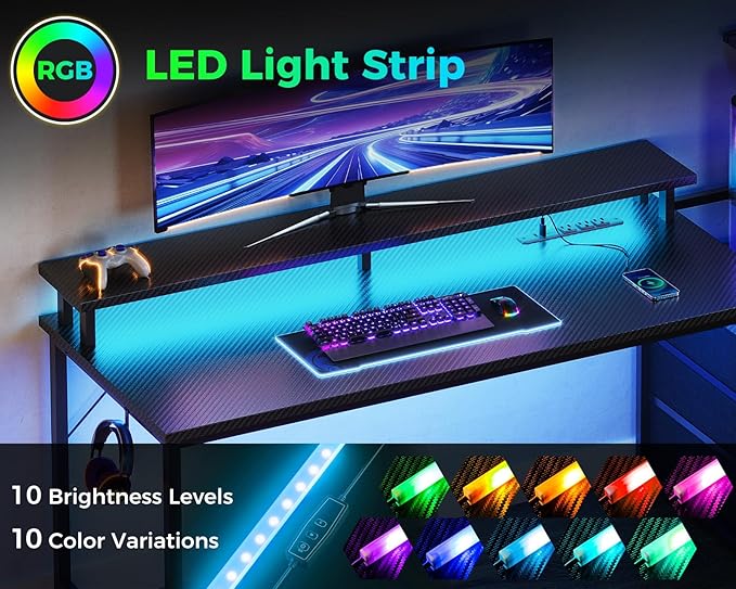 AODK 52 Inch Gaming Desk with USB Charging Ports & LED Light- Reversible Computer Desk with Storage Shelves & Monitor Stand, Modern Gamer Desk Table with Fabric Drawers & Side Hook, Carbon Fiber Black