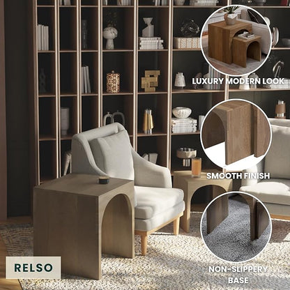Relso Arch Duo Solid Mango Wood Nesting Tables for Living Room Set of 2 | Stylish Sustainable Design Side Tables | Pre-Assembled Unique Arched Cutouts | Mid Century Accent Table (Rustic Natural)