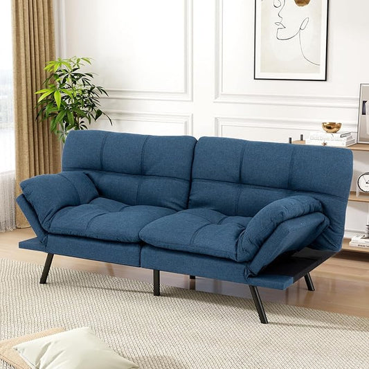 Vipbear Futon Sofa Bed Couch, 71" Convertible Sofa Bed, Space-Saving Loveseat with Adjustable Backrest & Armrest for Living Room,Apartment,Office,Blue Sleeper Sofa