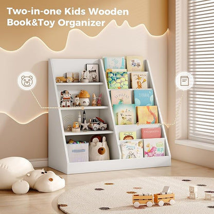 Tatub 6 Tier Kids Wooden Bookshelf and Toy Storage, Children Toy Organizer with Book Shelves, Toddler BookRack Baby Bookcase for Nursery, Playroom and Classroom, White