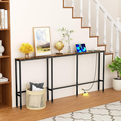 GRLEAF L Shaped Narrow Console Table with Outlet, 78" Sofa Tables Narrow Long, Behind Couch Table, Skinny Entryway Tables with Charging Station,for Living Room,Hallway (Rustic Brown,78IN)