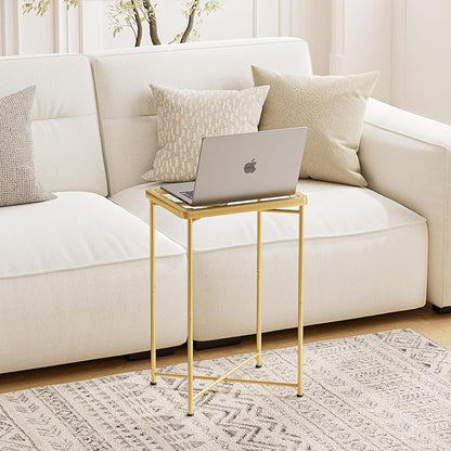 Garden 4 you Small Side Table, Glass End Table, Outdoor Side Table with Metal Frame, Mini Bedside Table for Living Room, Bedroom, Patio, Small Space, Gold