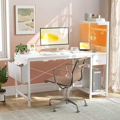TIQLAB Gaming Desk 55 inch with Power Outlet and LED Light, Computer Desk with Reversible Shelves and Storage Drawer, Small PC Desk for Home Office Table with Bag, Carbon Fiber White