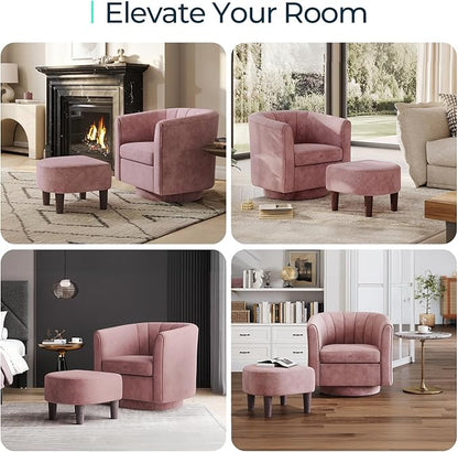 LINSY Swivel Accent Chair Ottoman Set: Velvet Small Barrel Chair with Foot Rest, Modern Reading Chair Upholstered Armchair with Footrest for Living Room Bedroom Study Room Office (Pink)