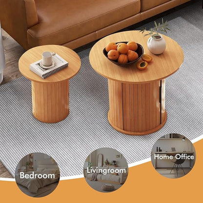 Modern Walnut End Table with Storage - Fluted Design Living Room Accent Table, Tall Bedside Nightstand & Sofa Side Table for Small Spaces, Dark Wood Finish (23.6" Wide, Natural)