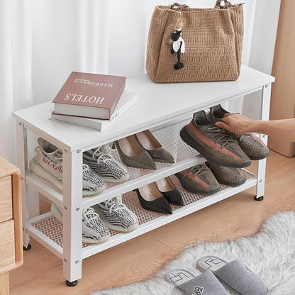 Apicizon White Shoe Rack, 35.5 Inches 3-Tier Shoe Rack for Entryway with Long Seat and Metal Shelves for Garage, Entryway Bench for Hallway Front Door, Mudroom, Doorway, Living Room, Bedroom