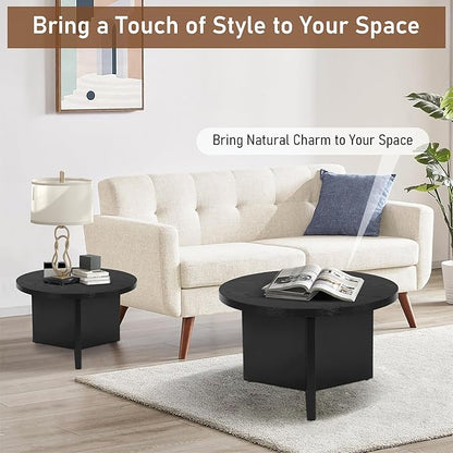 Round Nesting Coffee Tables Set of 2, Modern Stacking Table with Wood Grain Finish, End Table Side Tables for Living Room (Black)