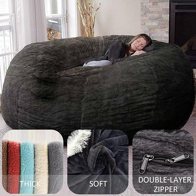 BCU 6FT Bean Bag Chair for Adults and Kids Without Filler Giant Stuffed Animal Storage Cover Soft Faux Fur Floor Chair Cover for Bedroom Living Room, Lake Blue