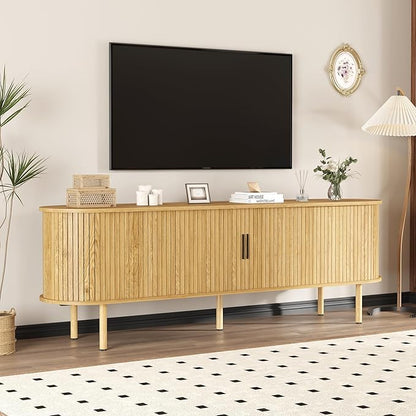 GarveeHome 70.1" TV Stand, Modern TV Console Table with Storage Compartment and Sliding Door, Gaming Entertainment Center with Cabinet for Living Room, Bedroom, Office, Oak